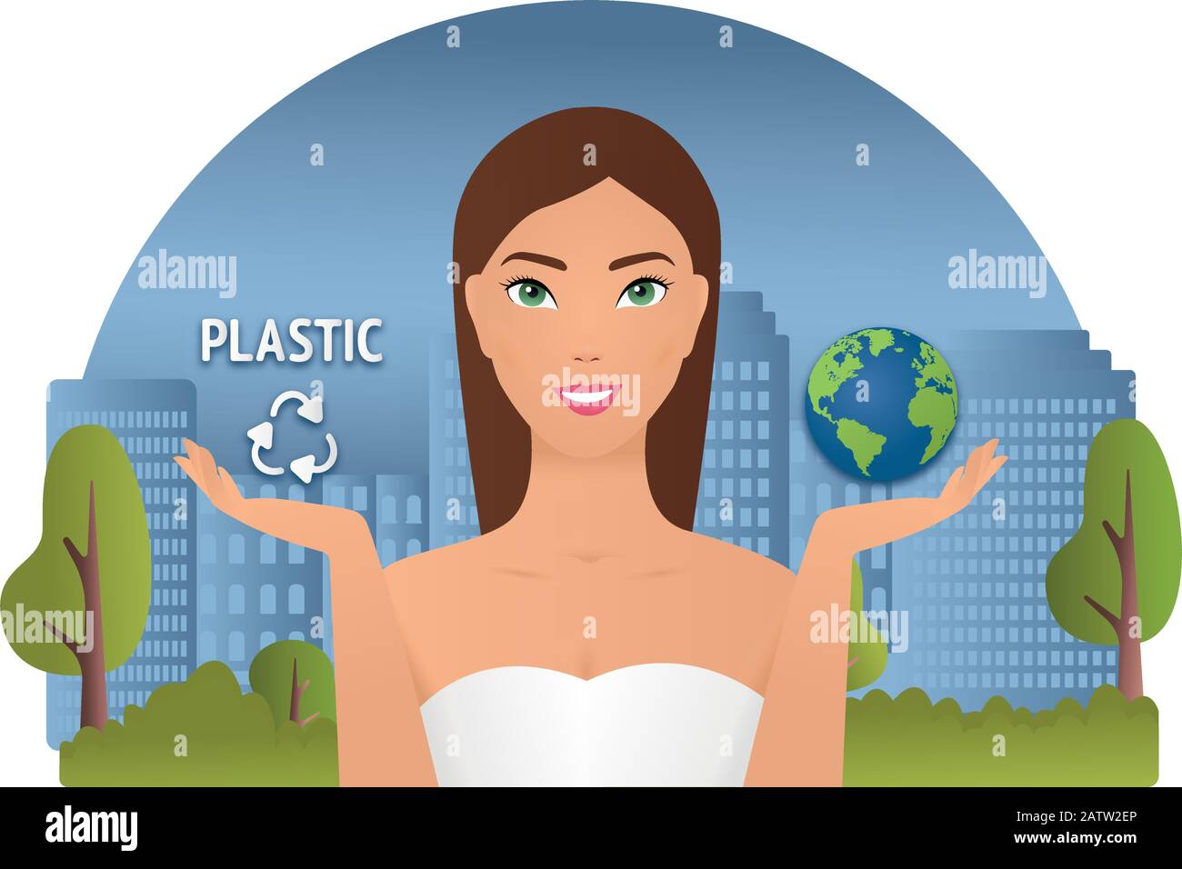 young Woman standing among polluted city and holding world in hand. save planet abstract vector. Nature pollution and woman taking care about earth Stock Vector