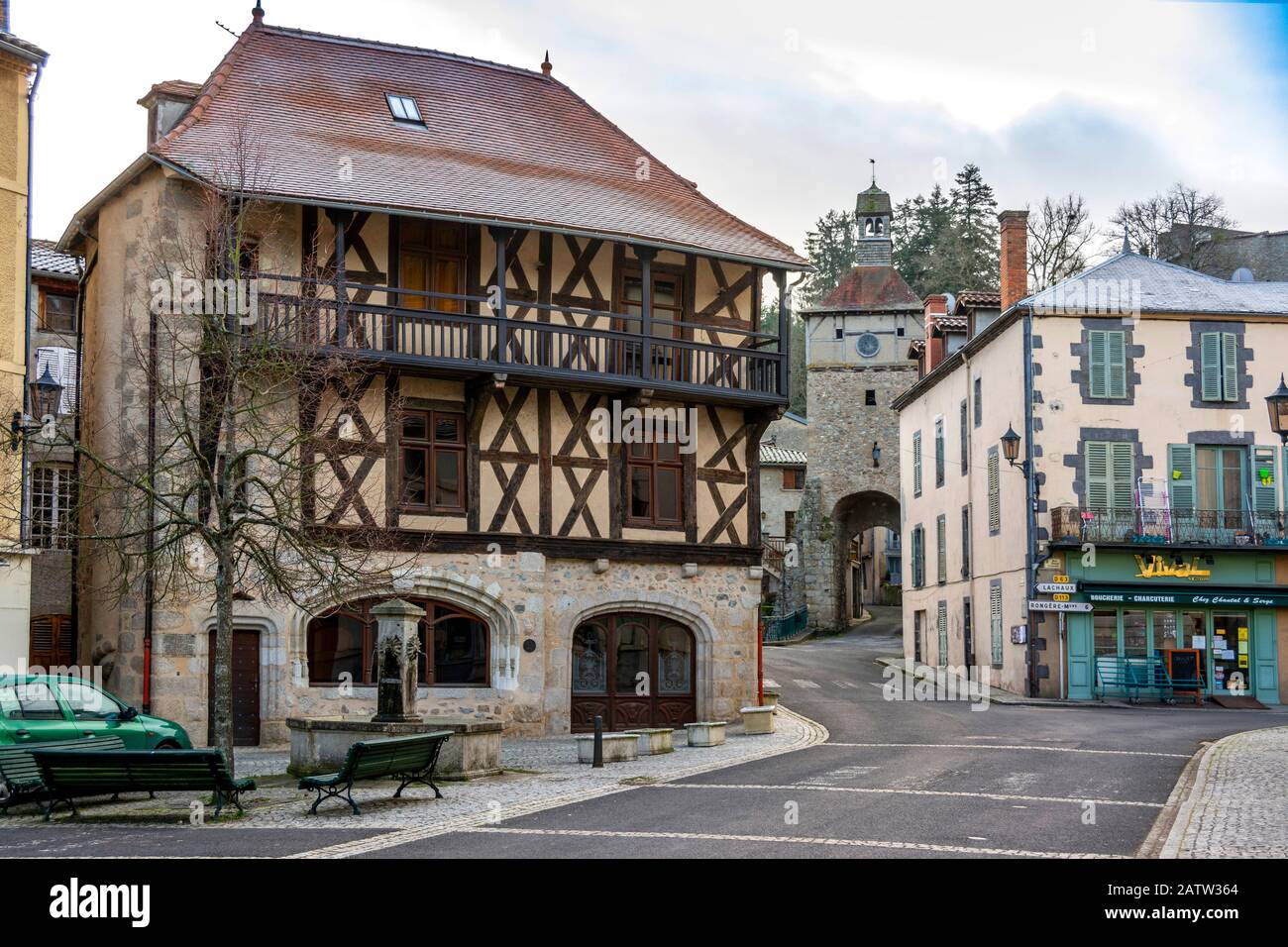 'Les maisons de pierre' Village of Chateldon, half timbering , houses, Livradois Forez natural park, Puy de Dome, Auvergne, France, Europe Stock Photo