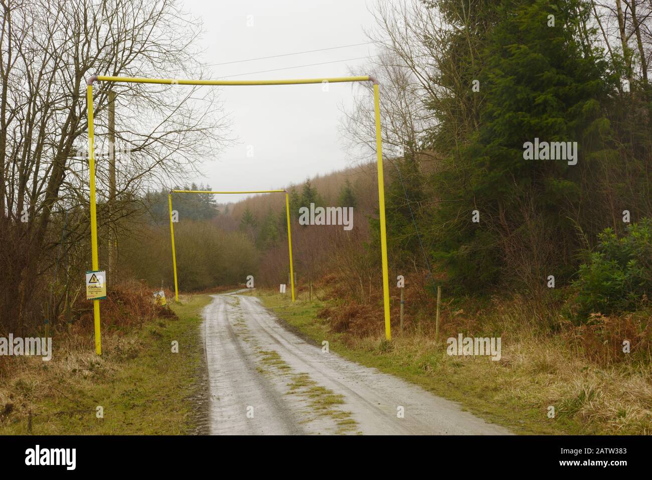 Height restricting barriers protecting power cables crossing a forestry road, Mortimer Forest, Shropshire, UK Stock Photo