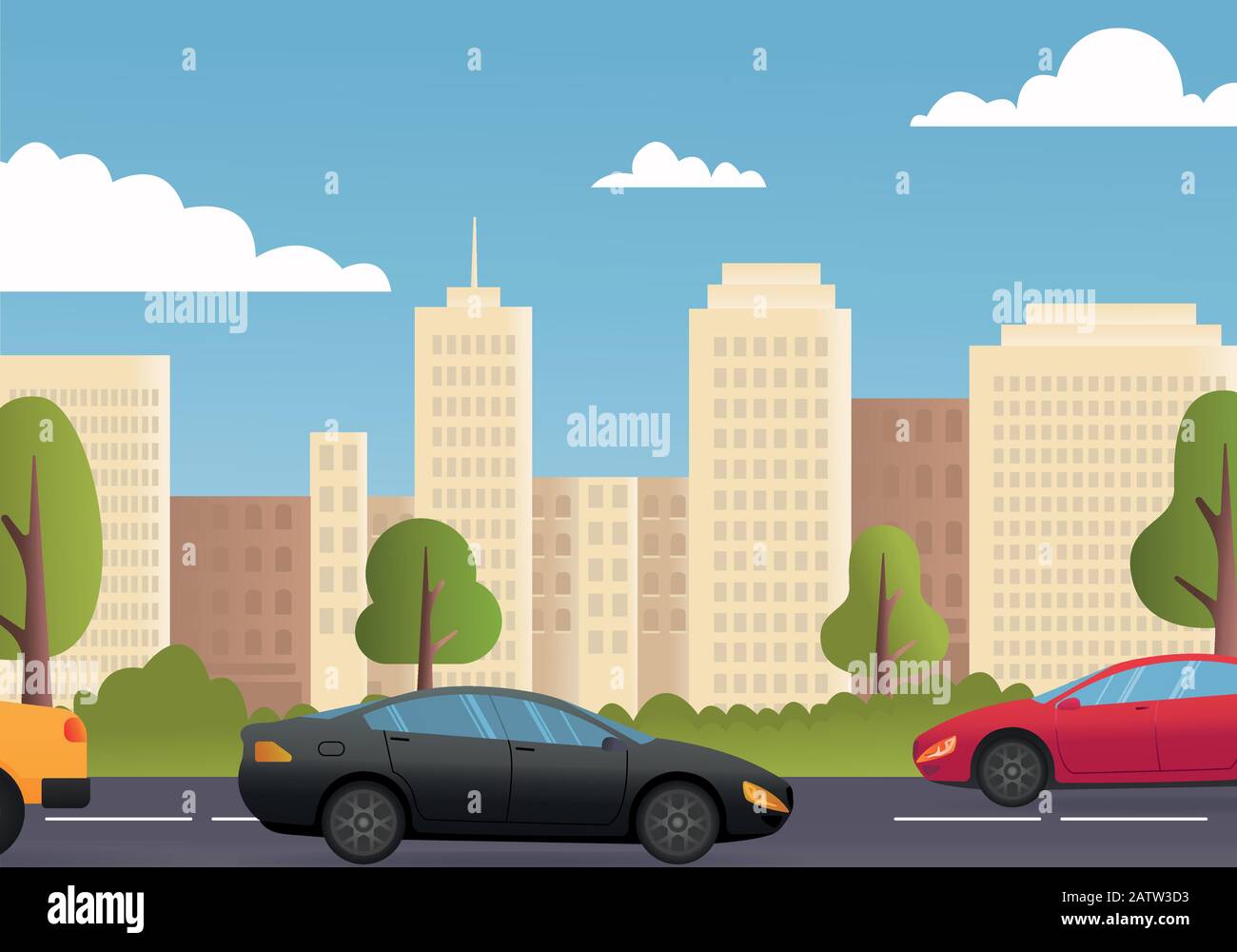 Cars Driving City Street Panorama Urban Road Flat Vector Illustration. City street exterior. American city with court, Sustainable traffic on the road Stock Vector