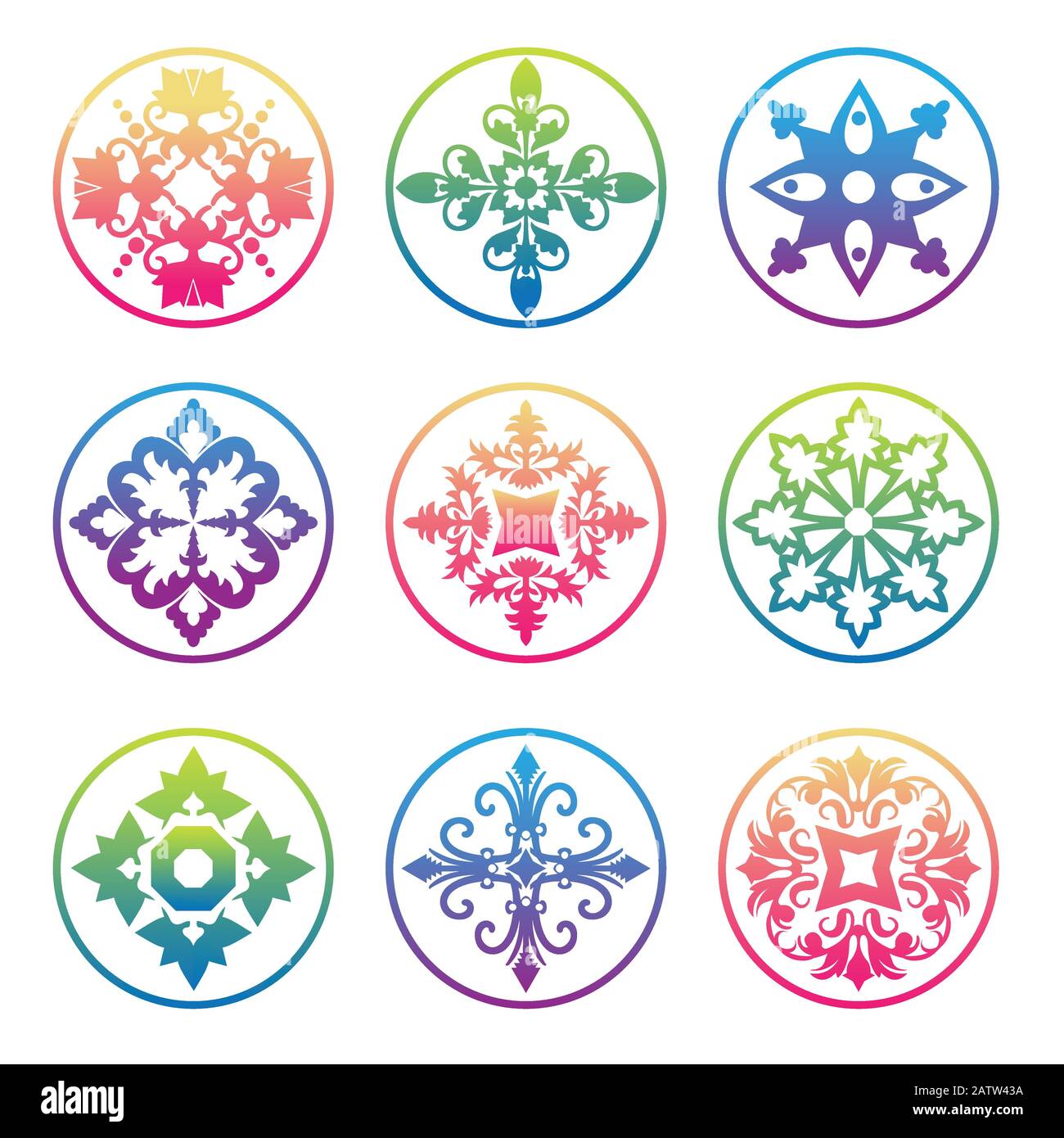 Vector hipster mandala in green, red, blue, violet and pink colors. Mandala with floral patterns. Yoga template. Stock Vector