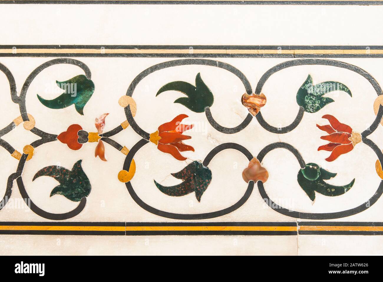 Relief and inlay on wall of Taj Mahal, marble mausoleum, built by Shah Jahan, Indian Mughal architecture, Agra, Uttar Pradesh, India, South Asia, Asia Stock Photo