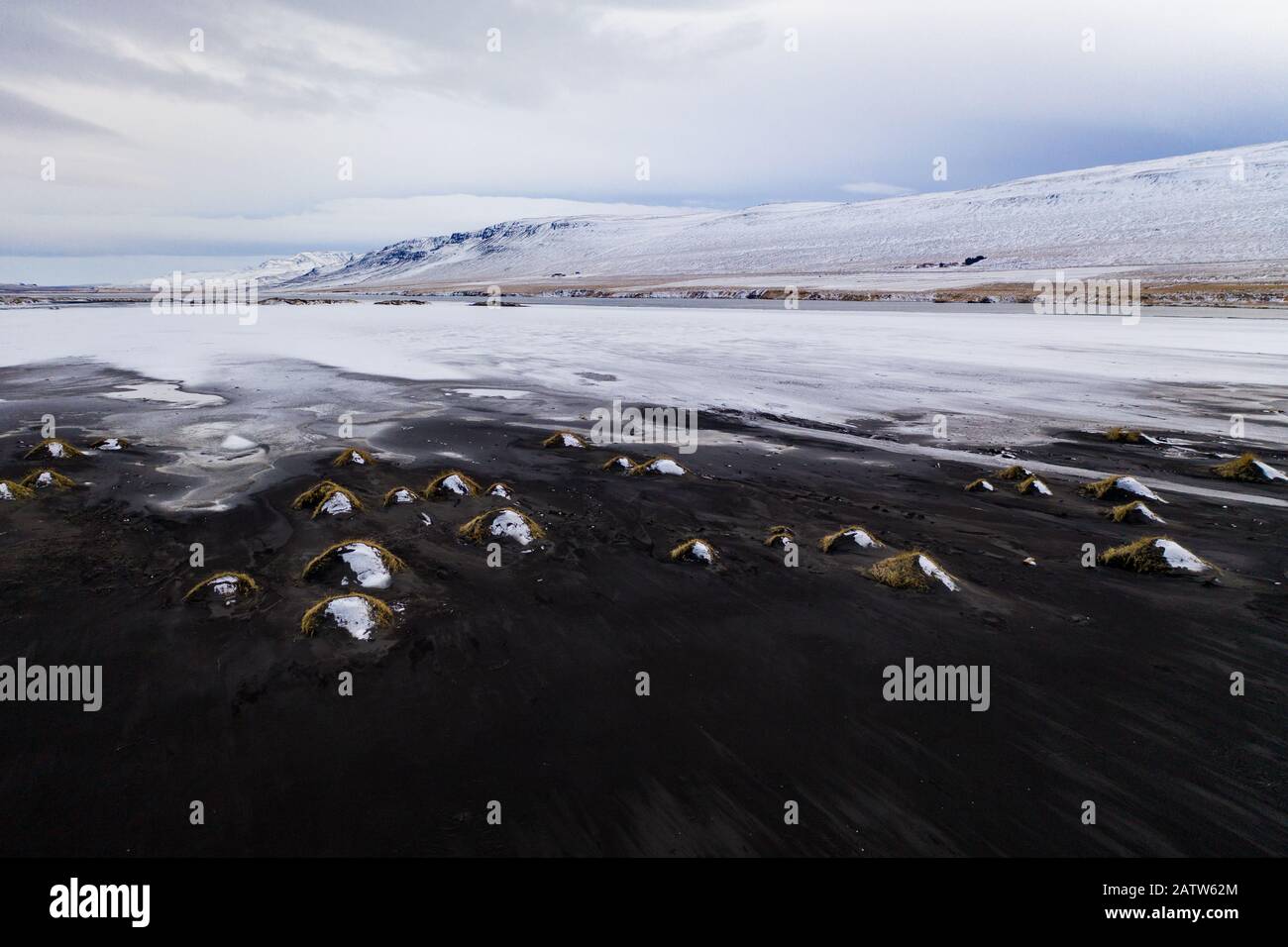Aerial view of a snowy coast in the north of Iceland Stock Photo