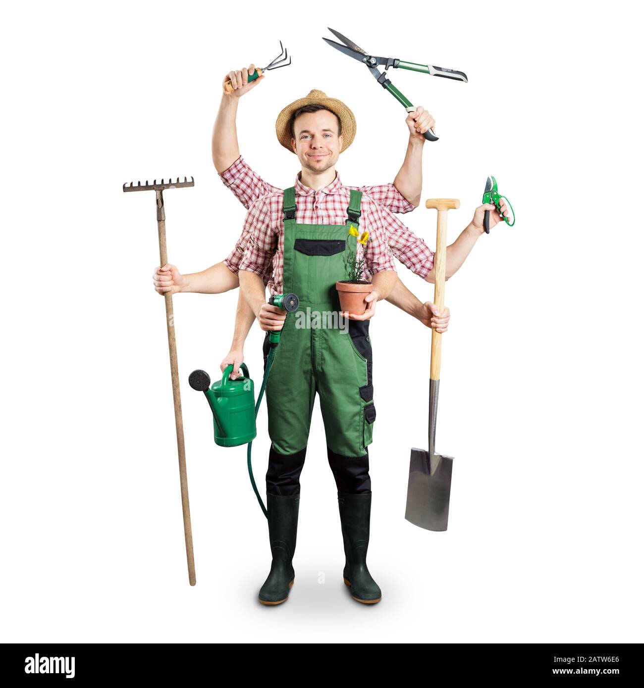 Gardener with multiple arms and tools isolated on white Stock Photo