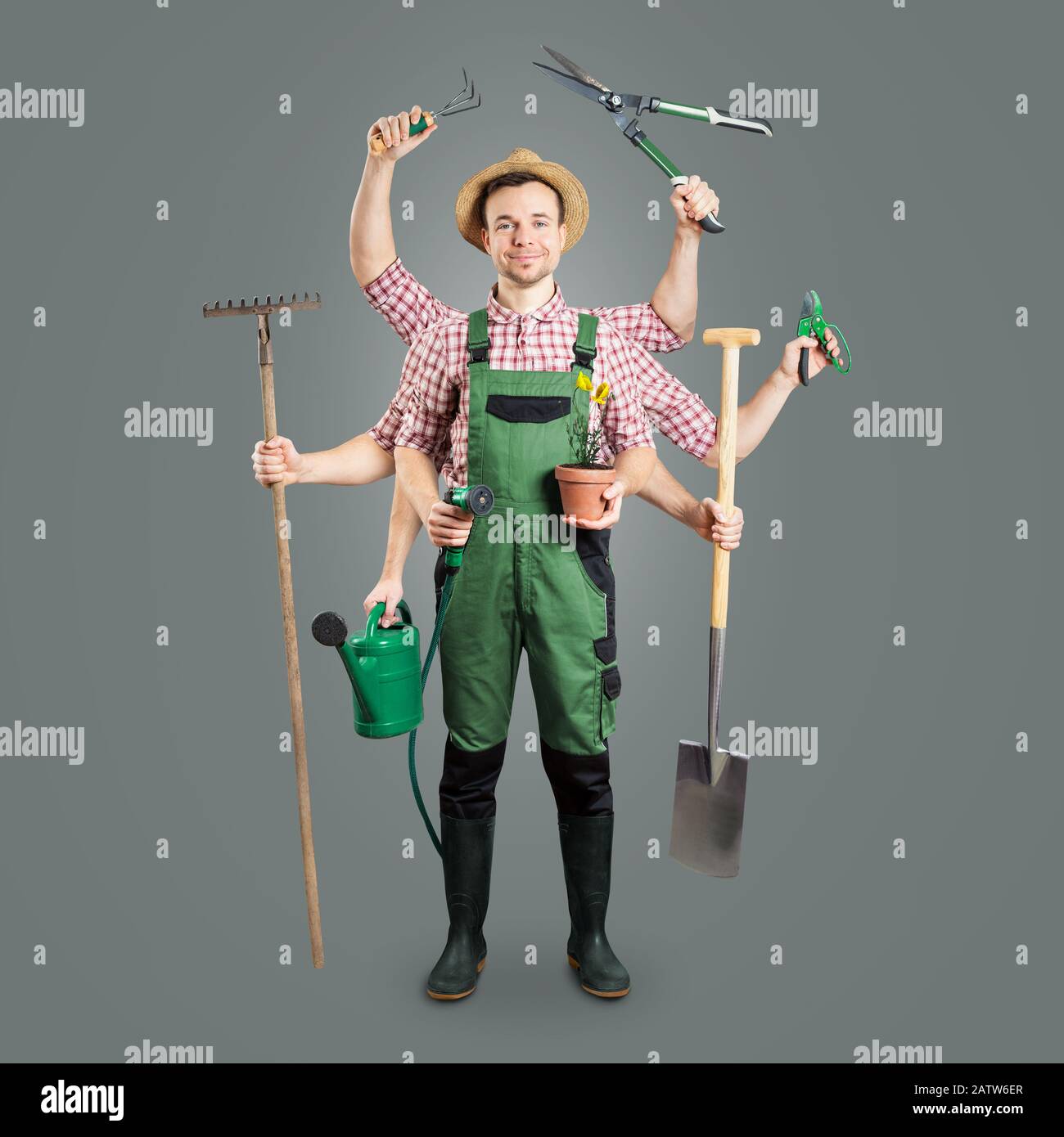 Happpy gardener with multiple arms and tools Stock Photo