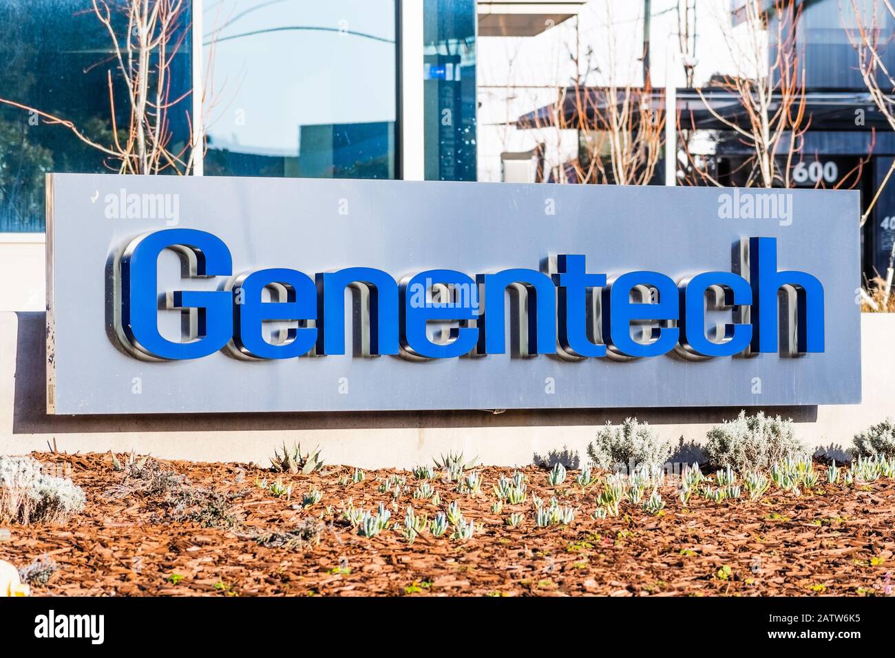Feb 2, 2020 South San Francisco / CA / USA - Genentech sign at the headquarters in Silicon Valley; Genentech, Inc., is an American biotechnology corpo Stock Photo