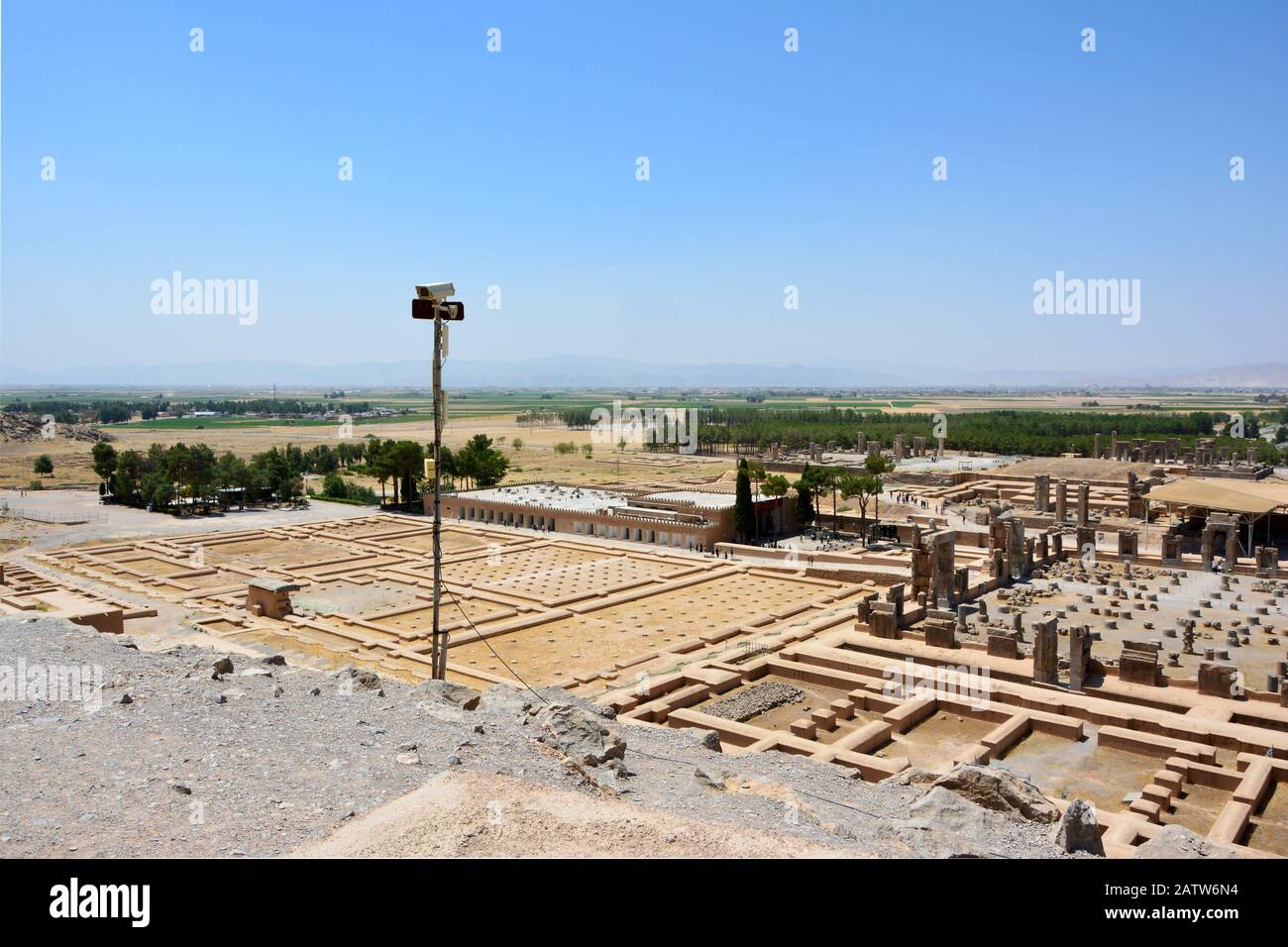 Persepolis view, from Artaxerxes II tomb, facing SW. Hall of 100 Columns, the Apadana, the Palaces of Darius and Xerxes, Treasury, Queen's Palace etc. Stock Photo