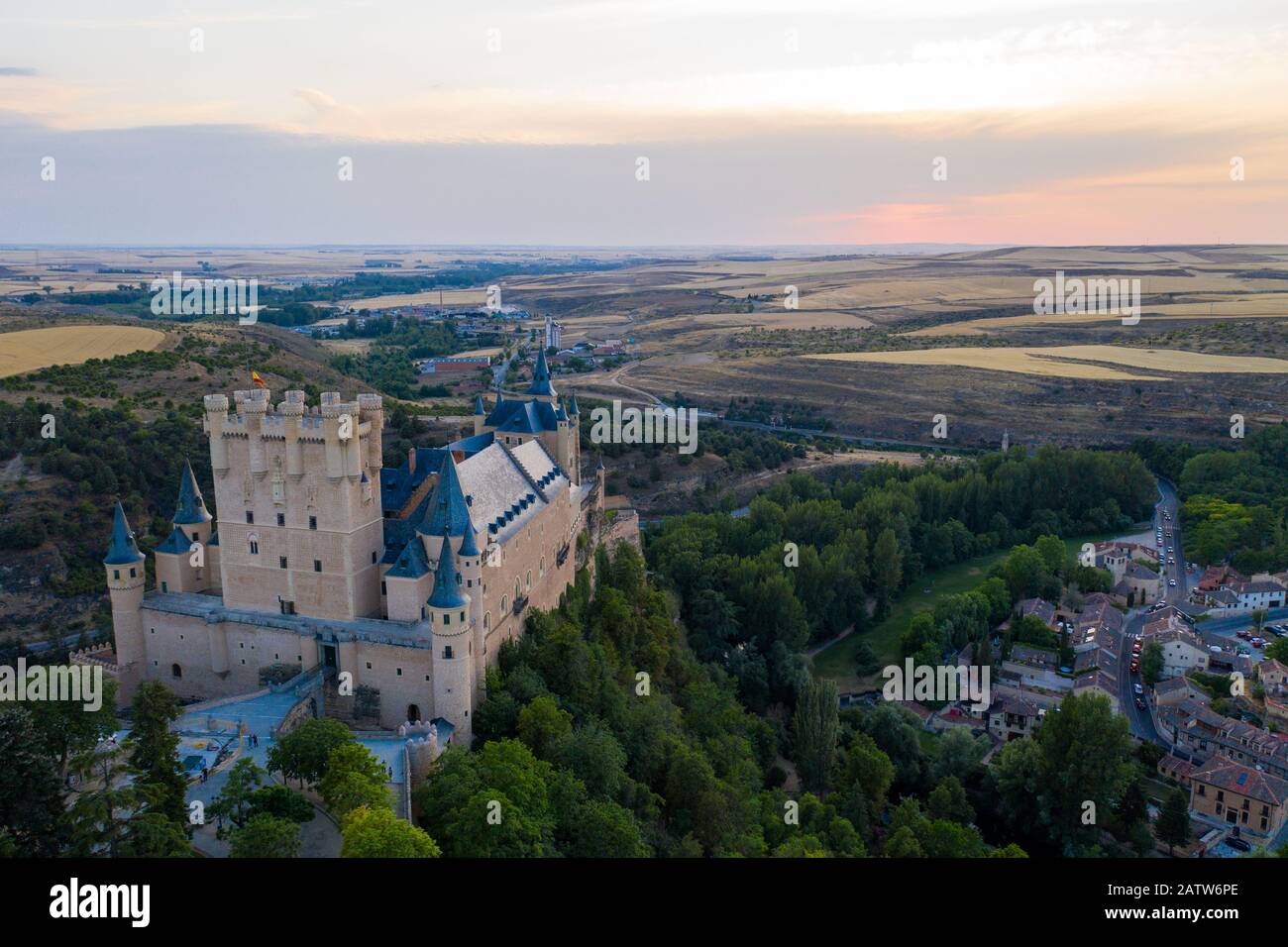 Aerial view of the castle in the city of Segovia during sunset. Summer in Spain Stock Photo