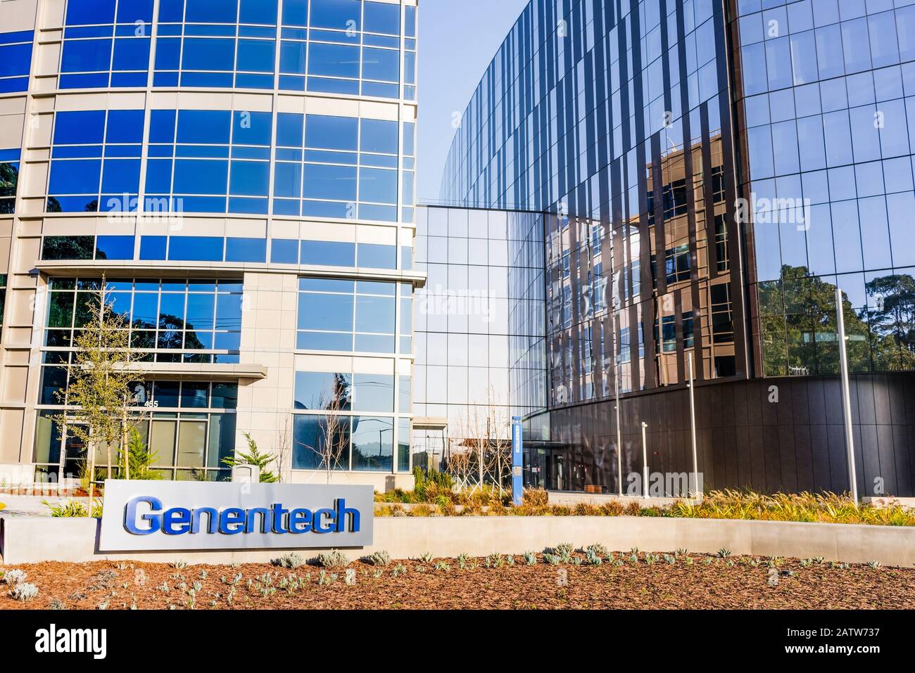 Feb 2, 2020 South San Francisco / CA / USA - Genentech headquarters in Silicon Valley; Genentech, Inc., is an American biotechnology corporation which Stock Photo