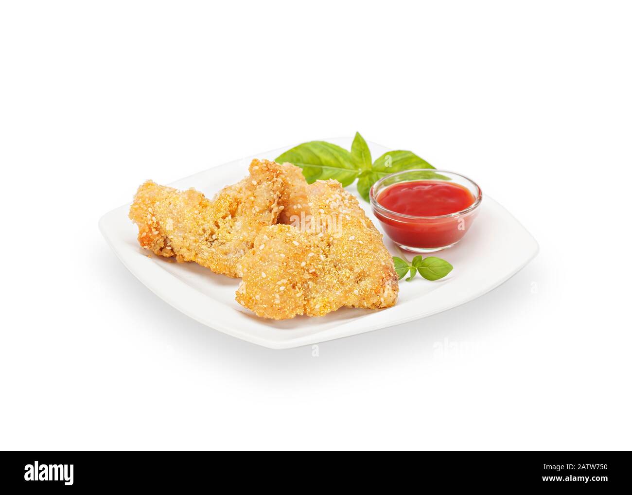 Hot Fried Crispy Chicken Wings in batter on a white plate with basil