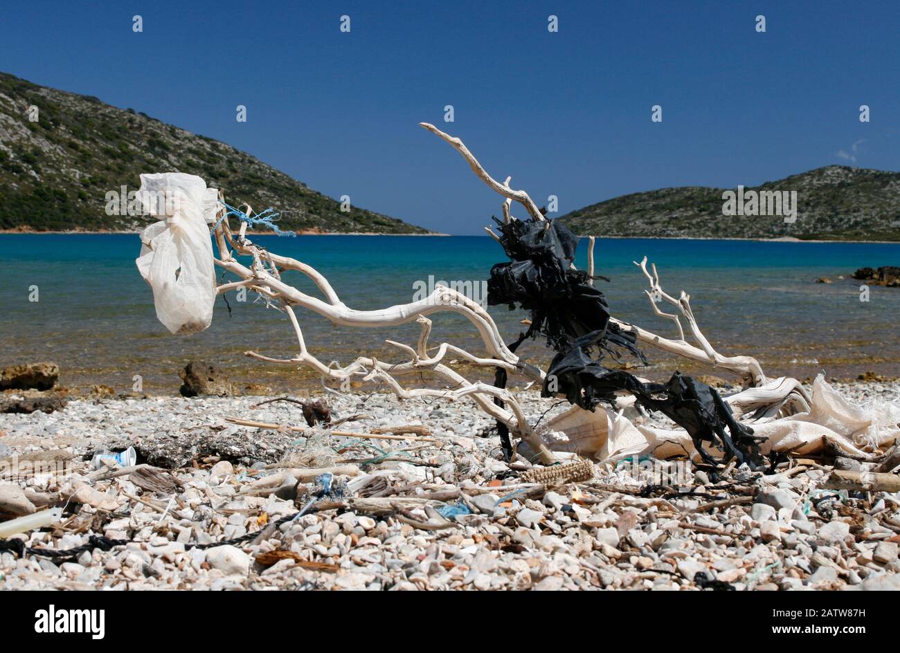 Driftwood with plastic bags and other rubbish on pebble beach, Ormos Planitis, Pelagonisi (Nisos Kyra Panagia), Sporades, Greece Stock Photo