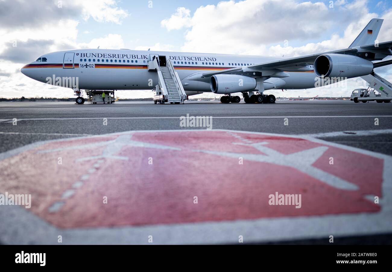 Berlin, Germany. 05th Feb, 2020. The Air Force Aibus A340 named Theodor Heuss is ready for boarding at the military part of Tegel Airport. Chancellor Merkel travels to South Africa and Angola. Credit: Kay Nietfeld/dpa/Alamy Live News Stock Photo