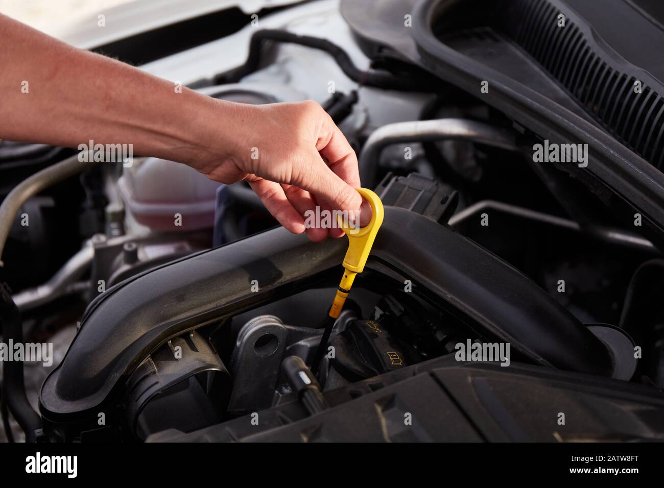 Checking engine oil. A woman's hand holding an oil bayonet in a modern popular car. Stock Photo