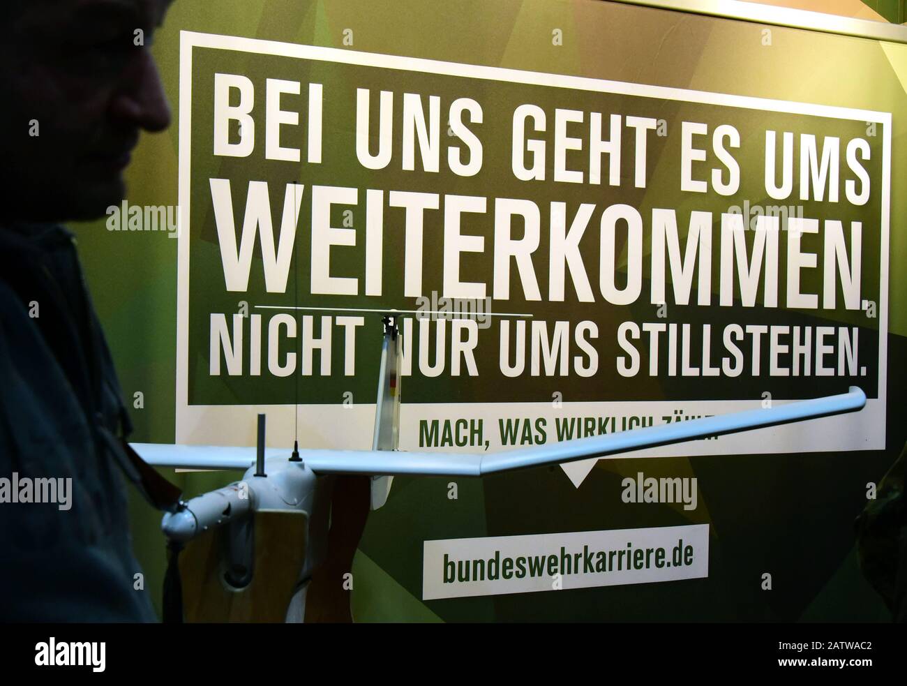 02 February 2020, Saxony, Leipzig: At the motorcycle fair on the new exhibition grounds in Leipzig (31.01.-02.02.2020), the advertising slogan 'Bei uns geht es um Weiterkommen. Not just about standing still. Do what really matters.' Photo: Waltraud Grubitzsch/dpa Stock Photo