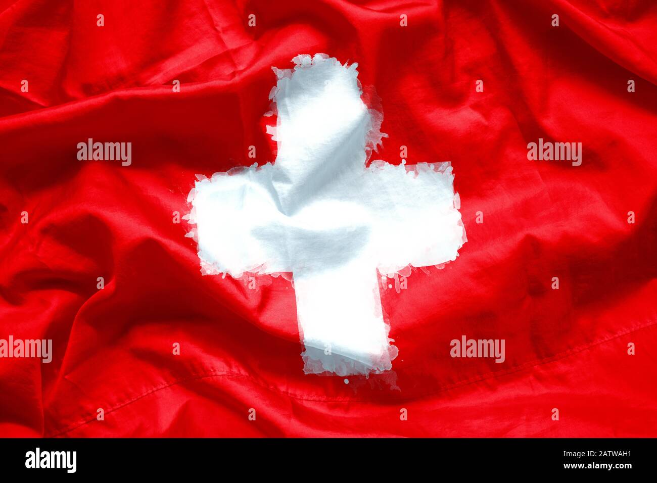 Flag of Switzerland by watercolor paint brush on canvas fabric, grunge style Stock Photo