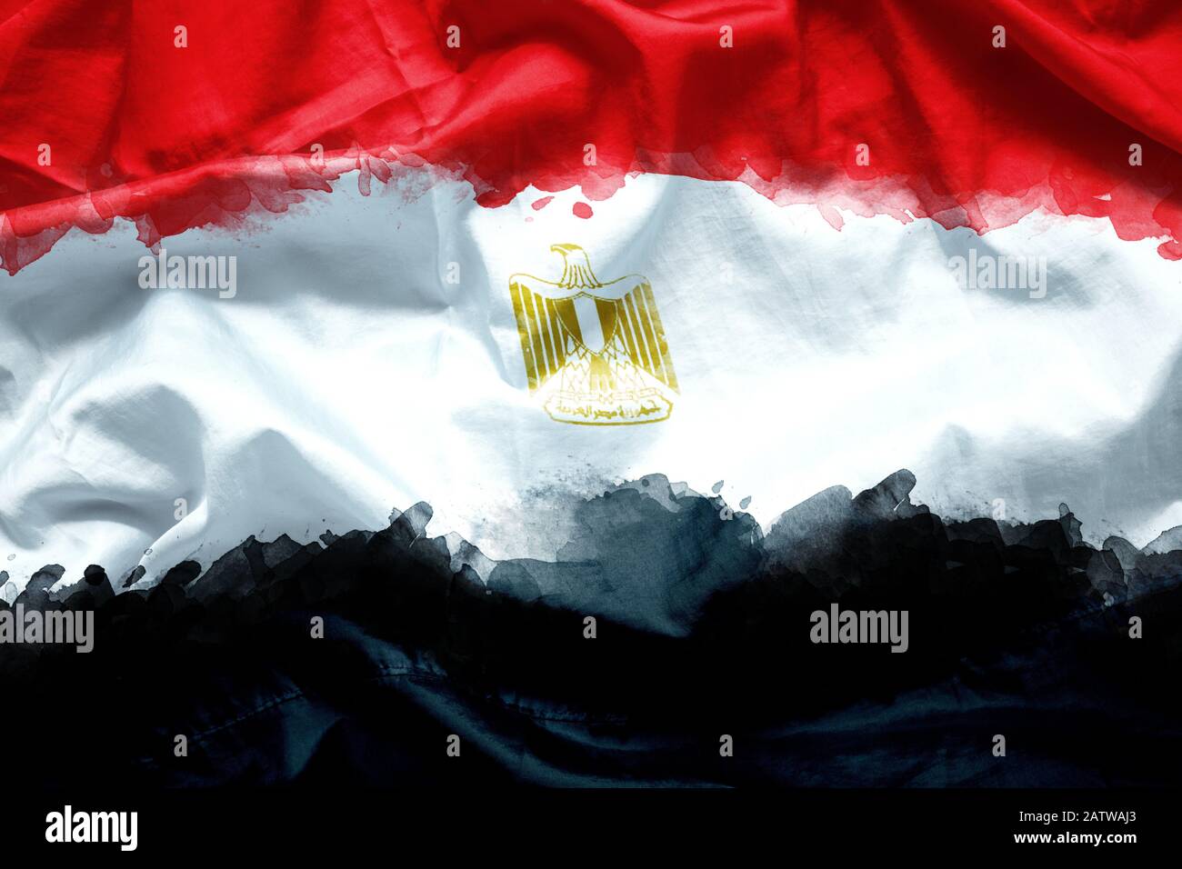 Flag Arab Republic of Egypt by watercolor paint brush on canvas fabric, grunge style Stock Photo