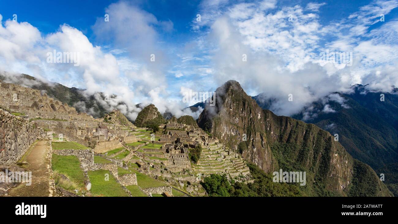 View of the city of Machu Picchu, Peru. Panorama. Stock Photo
