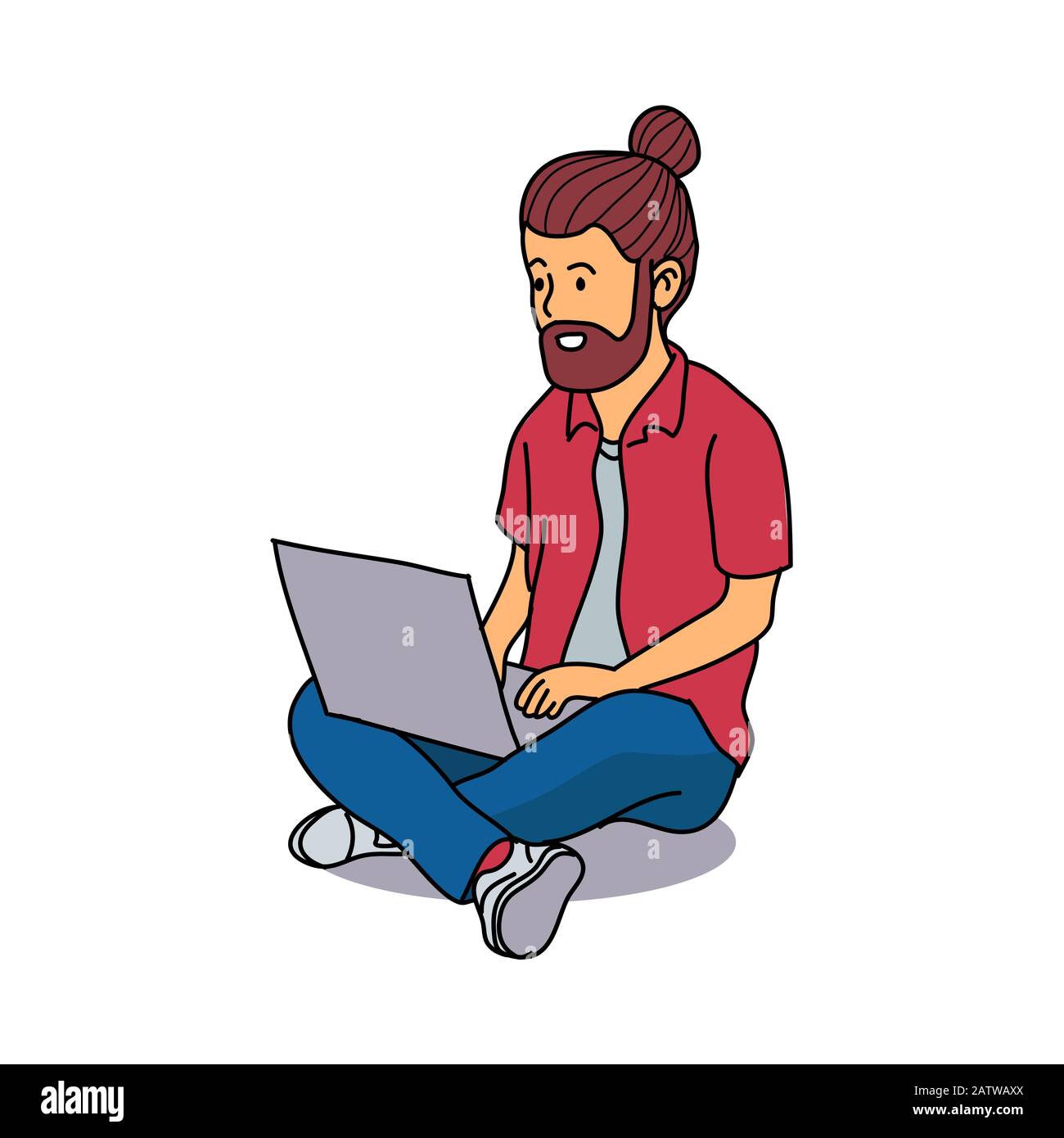 Young Man Sitting use Laptop, working on laptop, Adorable Cartoon Character  for Business or Education Concept - Flat Vector Illustration Stock Vector  Image & Art - Alamy