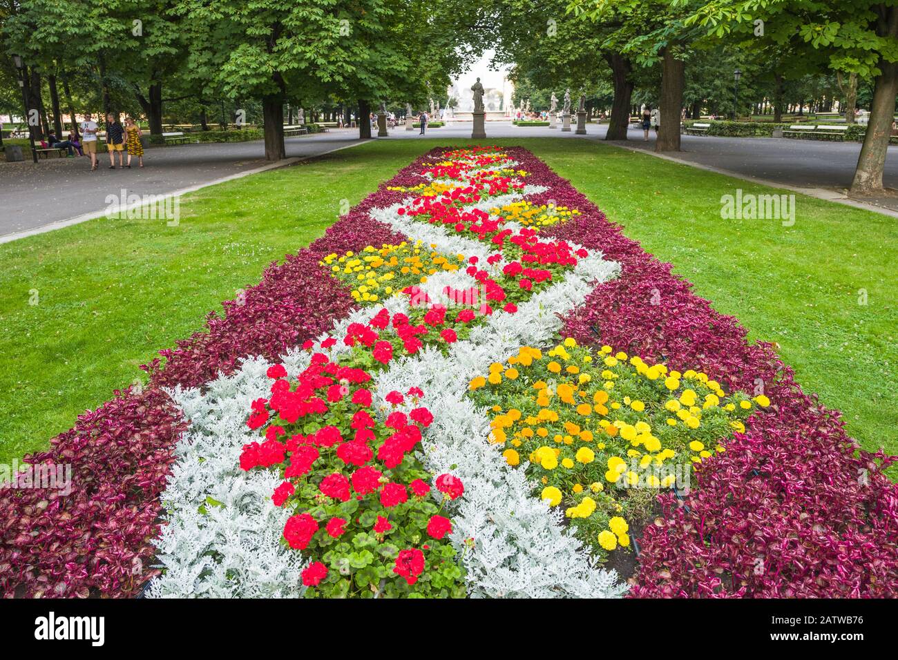 Ornamental flower bed in the Saxon Garden ('Ogród Saski') in central Warsaw, Poland. Stock Photo