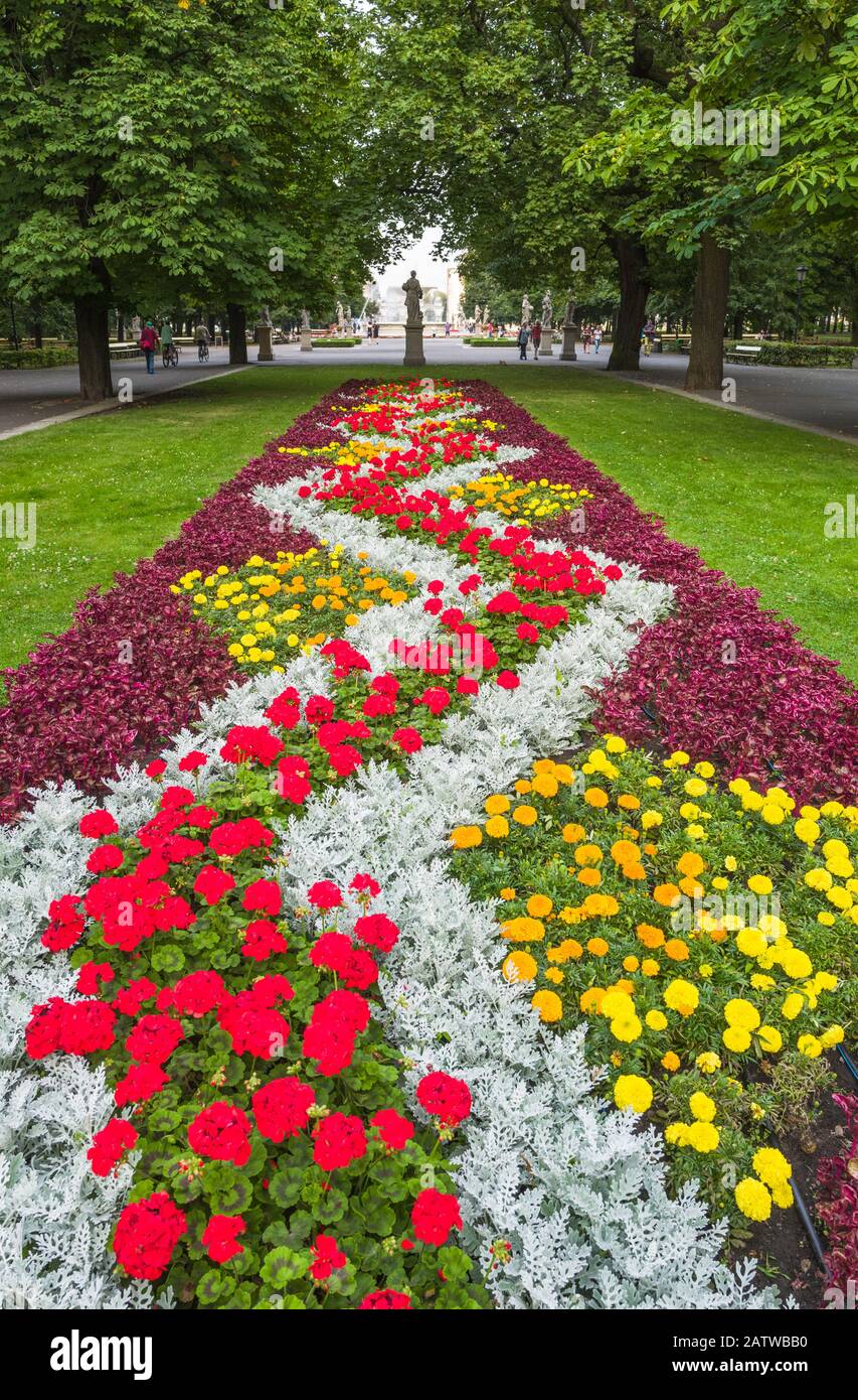 Ornamental flower bed in the Saxon Garden ('Ogród Saski') in central Warsaw, Poland. Stock Photo