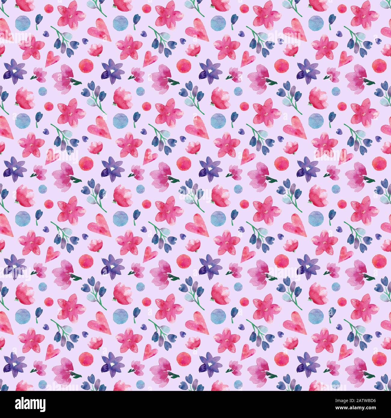 Cute seamless pattern with watercolor flowers and hearts. Hand ...