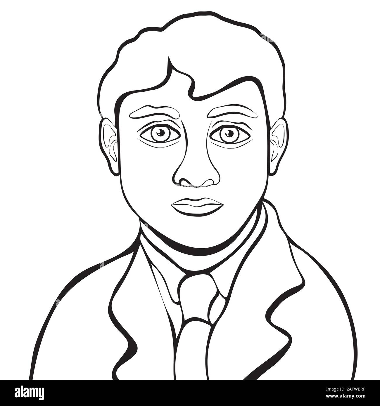 Painted black and white portrait of man, hand drawing, vector illustration, outline  sketch, cartoon picture, coloring. Young male with big eyes in sui Stock  Vector Image & Art - Alamy