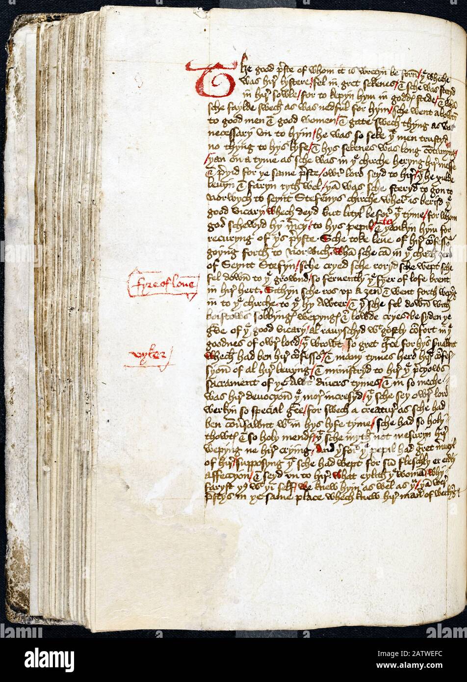 The Book of Margery Kempe the earliest known autobiography written in English created circa 1440. Margery Kempe (c.1373-c.1438) was an illiterate Christian mystic and dictated her biography to 3 different amanuensis. The only surviving copy of the manuscript is held by the British Library in London. The book is in non-chronological order and reveals Margery was racked by guilt for a sinful past, had visions of Jesus, devils and demons and went on extensive pilgrimages in the Holy Land and Europe. In 1417 she was arrested and imprisoned for heresy before being exonerated by an Archbishop. Stock Photo