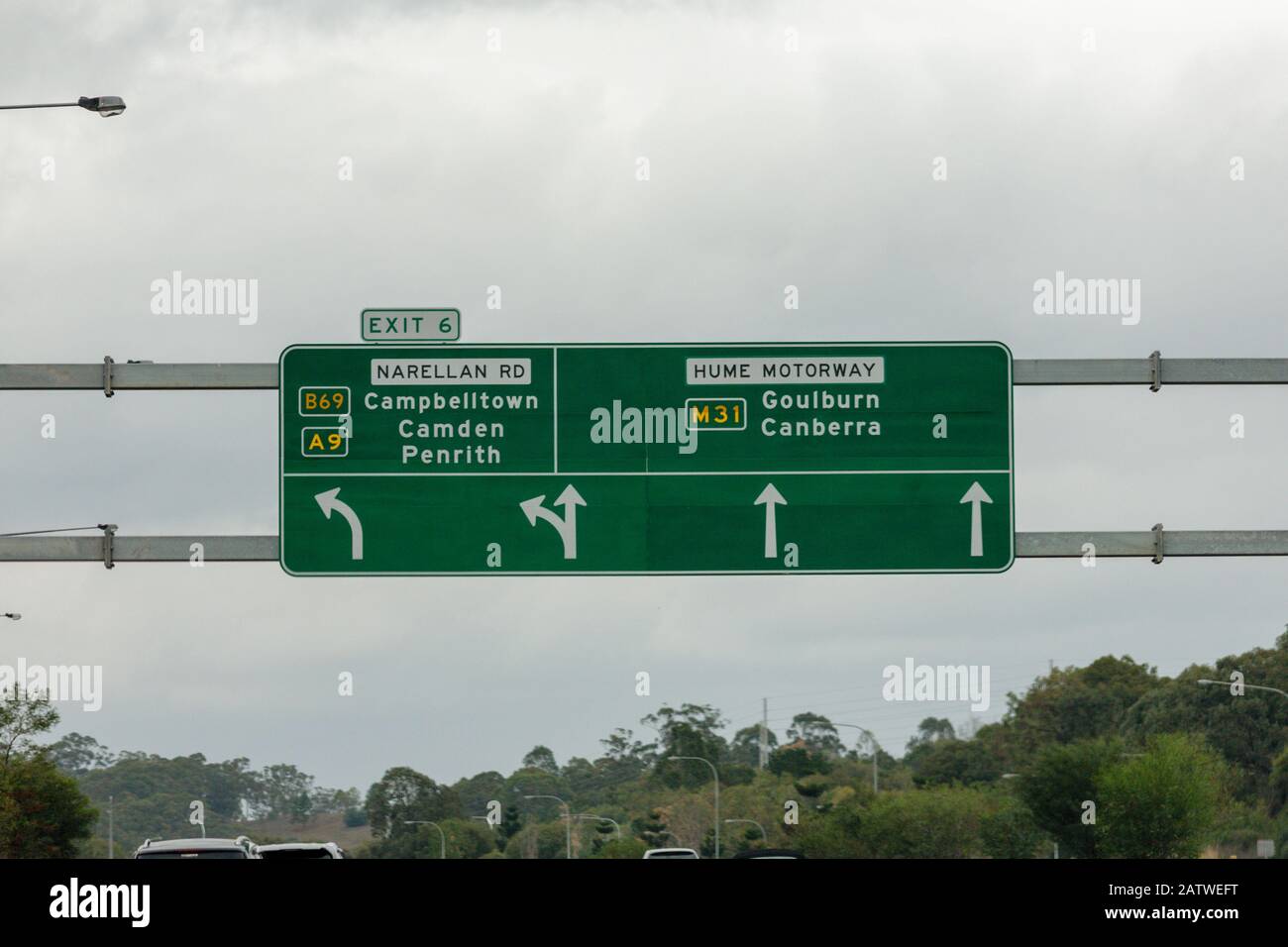 green road sign at the campelltown canberra junction travelling south on the hume highway australia Stock Photo