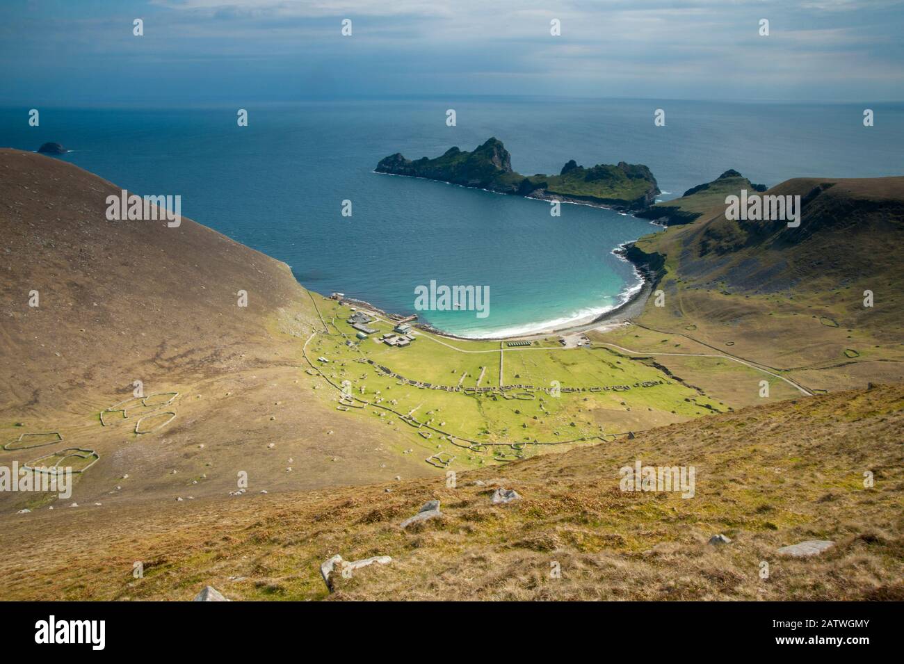 Village Bay on St Kilda and the old houses that formed the village, Scotland, UK, May. Stock Photo