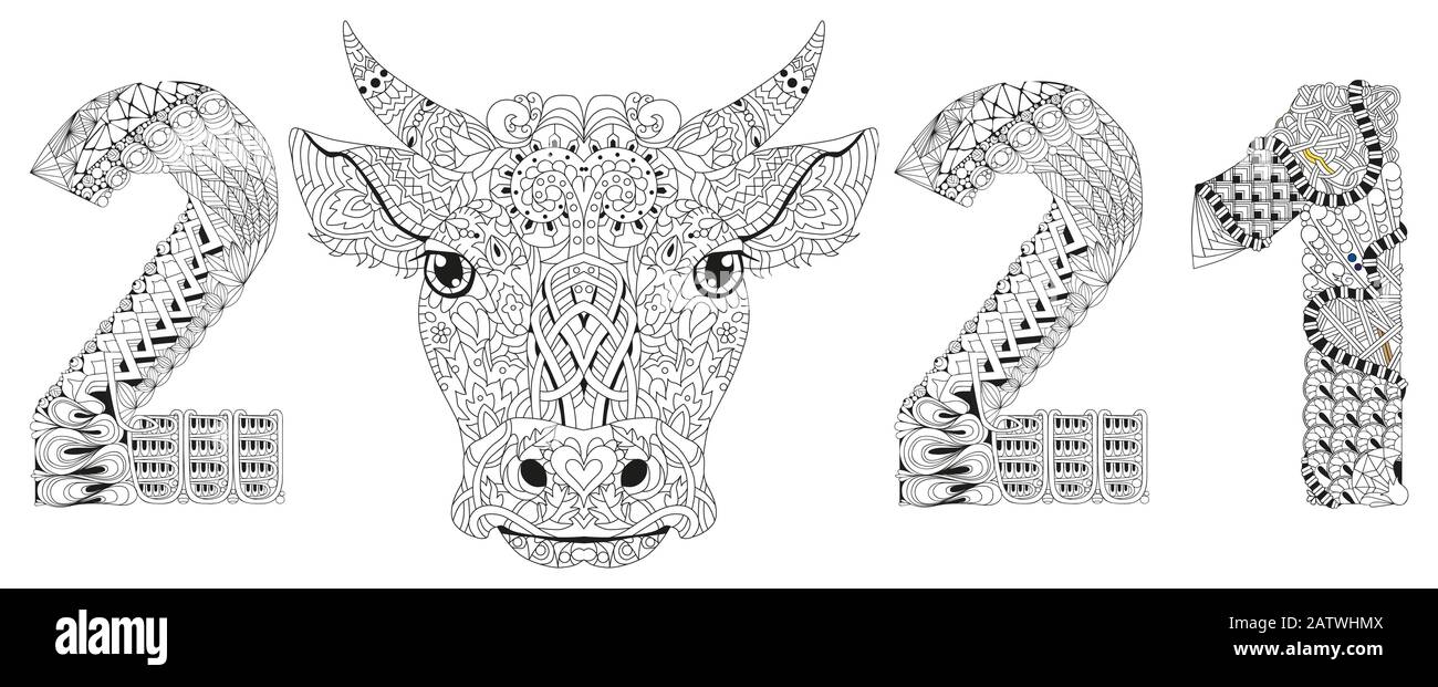 Zentangle stylized bull number 2021. Hand Drawn lace vector illustration for coloring Stock Vector