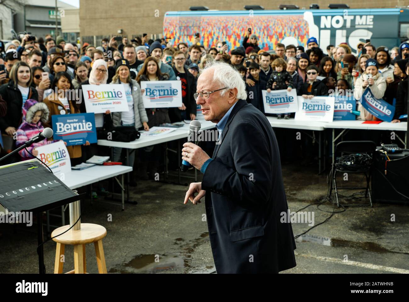 Iowa, USA. 2nd Feb, 2020. Bernie Sanders speaks at a rally at Cedar Rapids, Iowa, the United States, Feb. 2, 2020. Pete Buttigieg, former mayor of South Bend, Indiana, and U.S. Senator Bernie Sanders are leading in the first set of Iowa Democratic caucus results released Tuesday afternoon. Credit: Joel Lerner/Xinhua/Alamy Live News Stock Photo