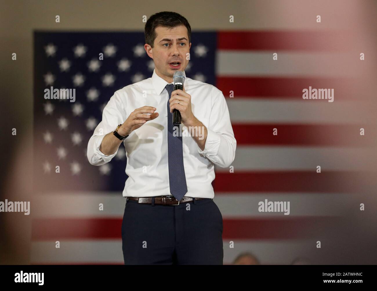 Iowa, USA. 1st Feb, 2020. Pete Buttigieg speaks at a rally in Cedar Rapids, Iowa, the United States, Feb. 1, 2020. Pete Buttigieg, former mayor of South Bend, Indiana, and U.S. Senator Bernie Sanders are leading in the first set of Iowa Democratic caucus results released Tuesday afternoon. Credit: Joel Lerner/Xinhua/Alamy Live News Stock Photo