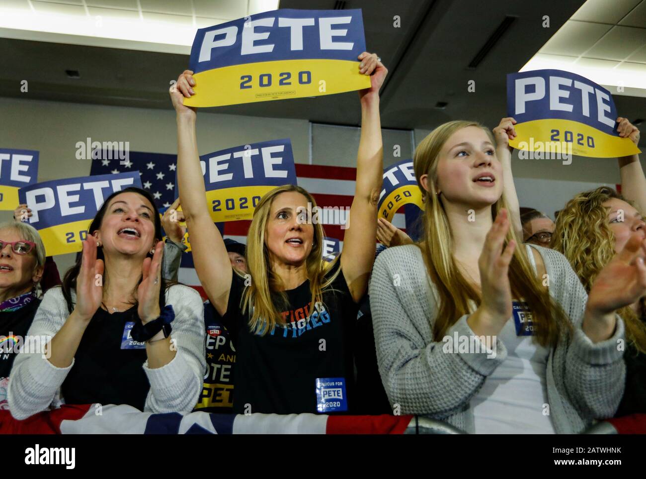 Iowa, USA. 1st Feb, 2020. Supporters are seen at Pete Buttigieg's rally in Cedar Rapids, Iowa, the United States, Feb. 1, 2020. Pete Buttigieg, former mayor of South Bend, Indiana, and U.S. Senator Bernie Sanders are leading in the first set of Iowa Democratic caucus results released Tuesday afternoon. Credit: Joel Lerner/Xinhua/Alamy Live News Stock Photo