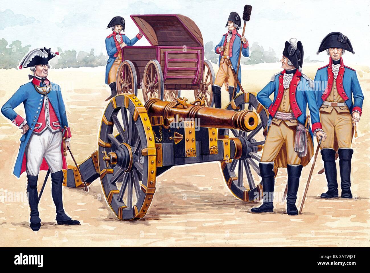 German artillery crew illustration. Soldiers and officers before the battle. Cannon illustration. Stock Photo