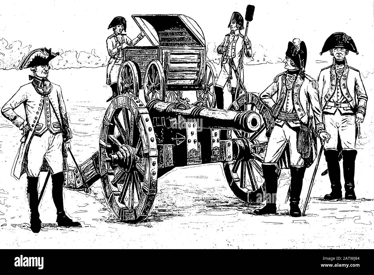 German artillery crew illustration. Soldiers and officers before the battle. Cannon illustration. Stock Photo