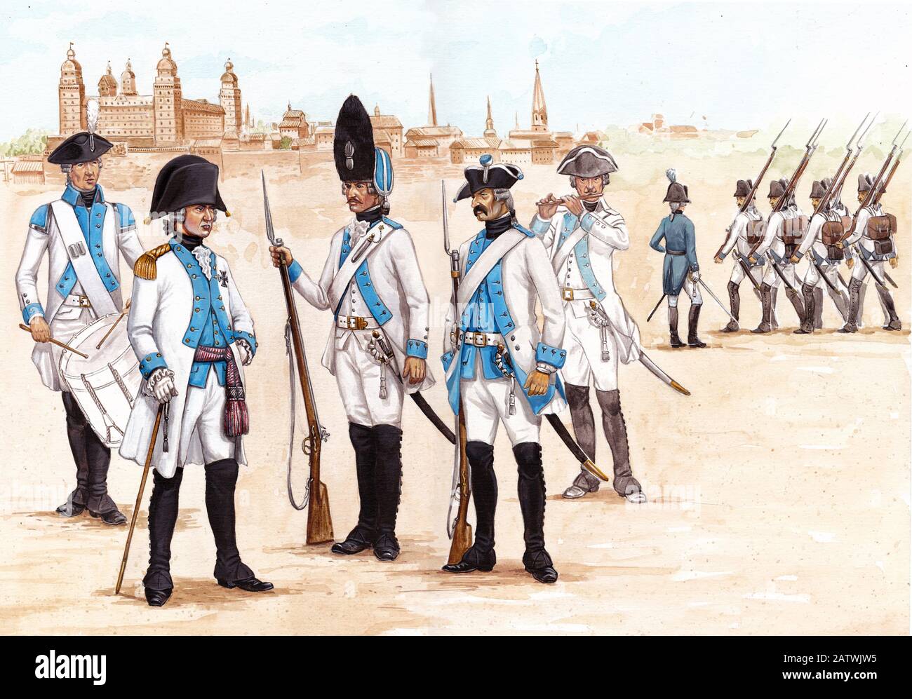 German infantry regiment illustration. Soldiers and officers before the battle. Military uniform illustration. Stock Photo