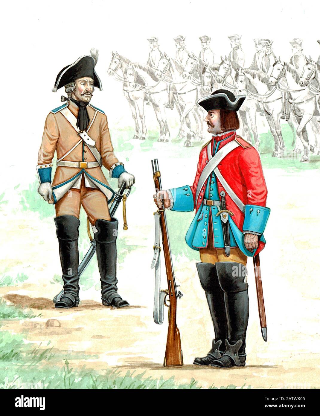 German dragoons regiment illustration. Soldier and officer before the battle. Military uniform illustration. Stock Photo