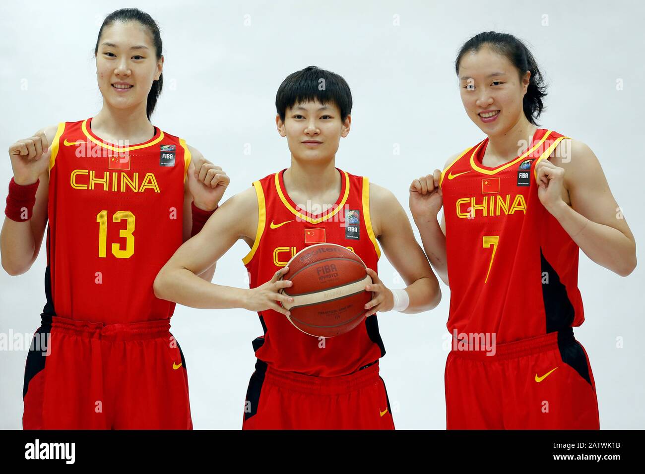 Belgrade, Serbia. 5th Feb, 2020. China's Sun Mengran (L), Yang Liwei (C)  and Shao Ting pose for photograph during the official FIBA photo shoot  prior to the women's Olympic qualifying basketball tournament