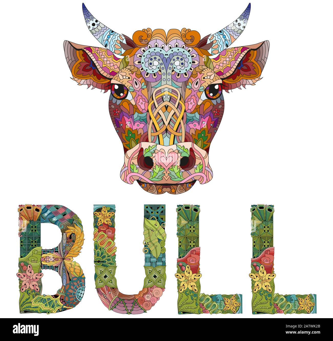 Bull head artwork illustration on the white background Stock Vector