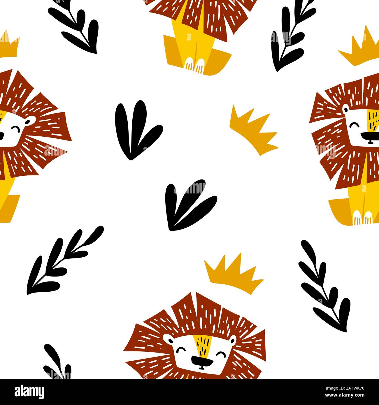 Seamless pattern with cute cartoon sitting lion king in simple