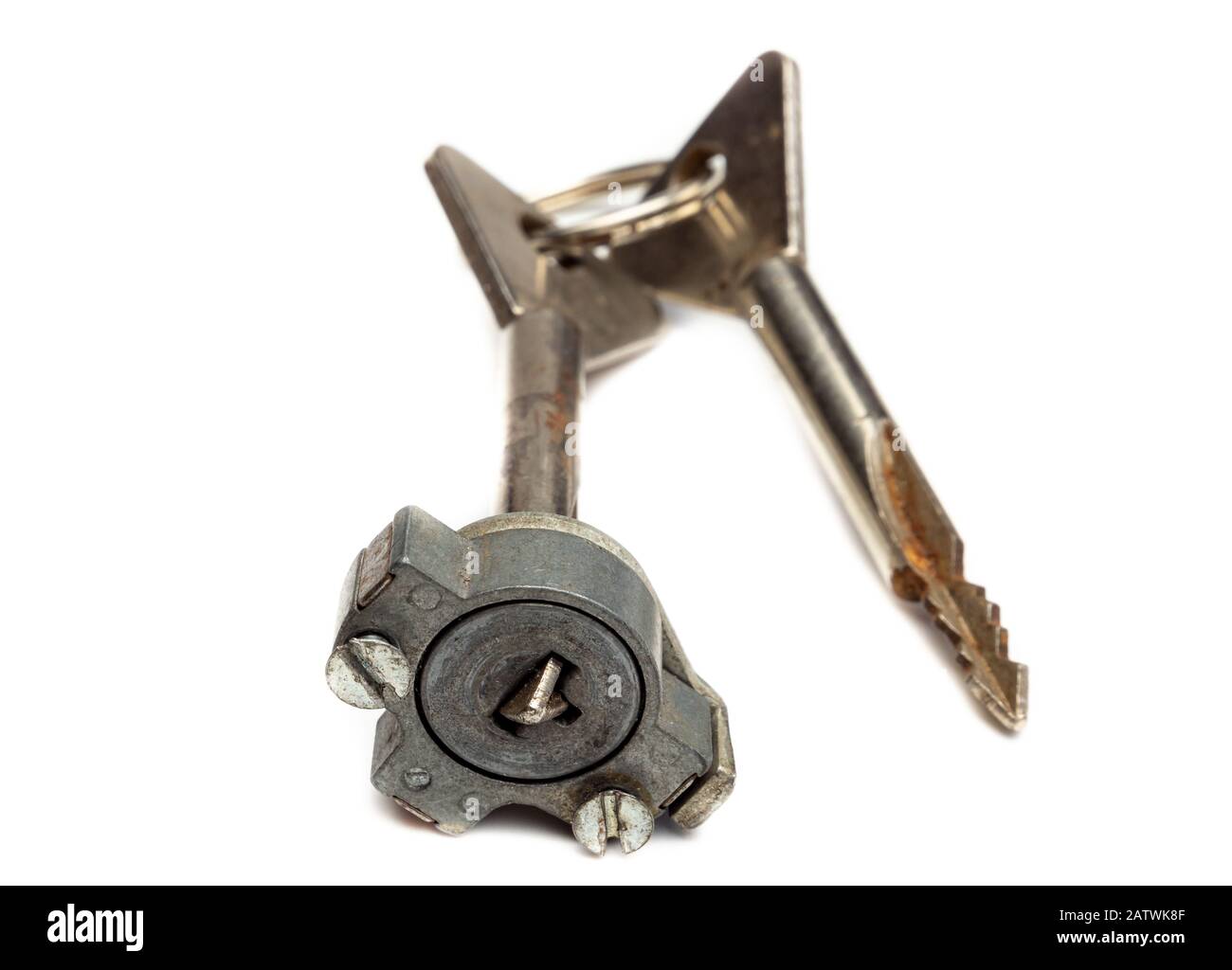 Cylinder lock with key white background Stock Photo Alamy