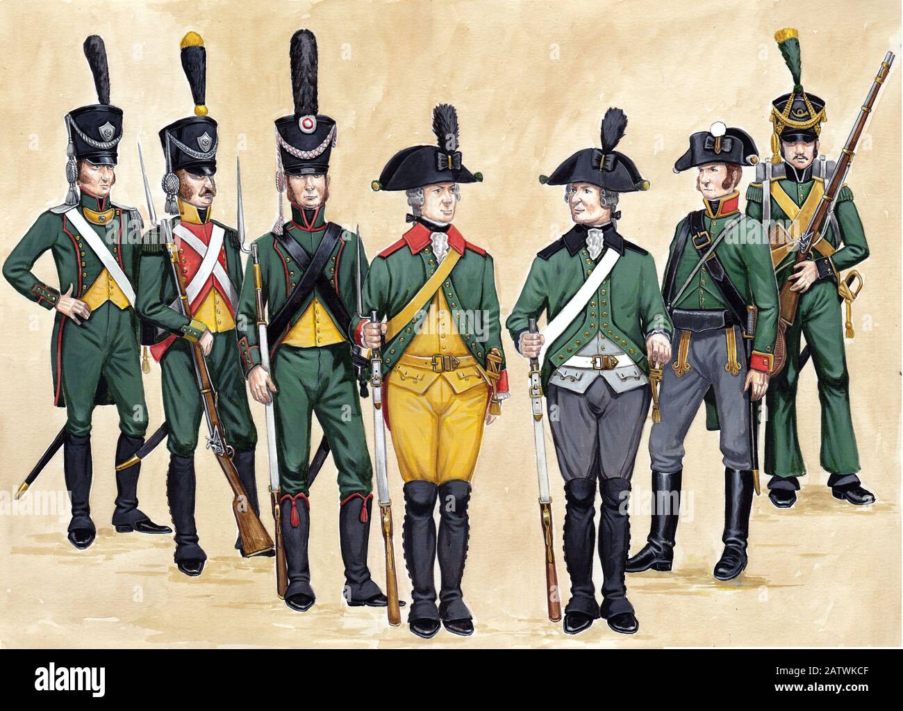 German infantry regiment illustration. Soldiers and officers before the battle. Military uniform illustration. Stock Photo