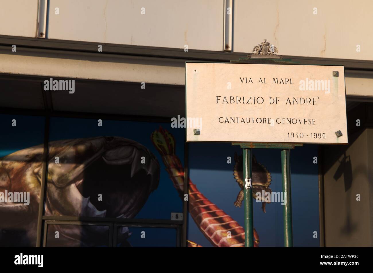 GENOA, ITALY, JANUARY 23, 2020 - Street plate dedicated to the famous Genoa singer-songwriter Fabrizio De Andrè in the 'Ancient Port' (Porto Antico) a Stock Photo