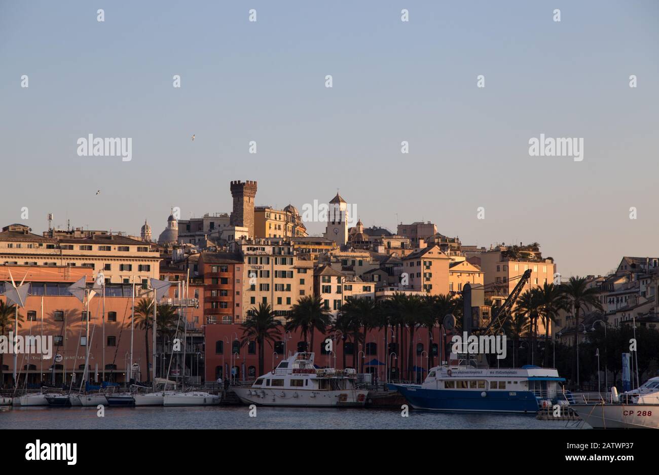GENOA, ITALY, JANUARY 23, 2020 - View of 'Ancient Port' (Porto Antico) area with old city on the background in Genoa, Italy. Stock Photo