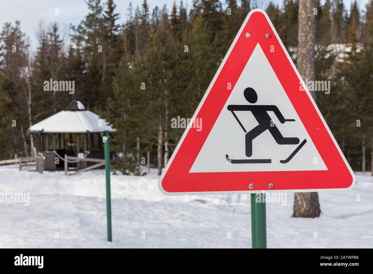 Warning sign for cross country skiers in Norway Stock Photo