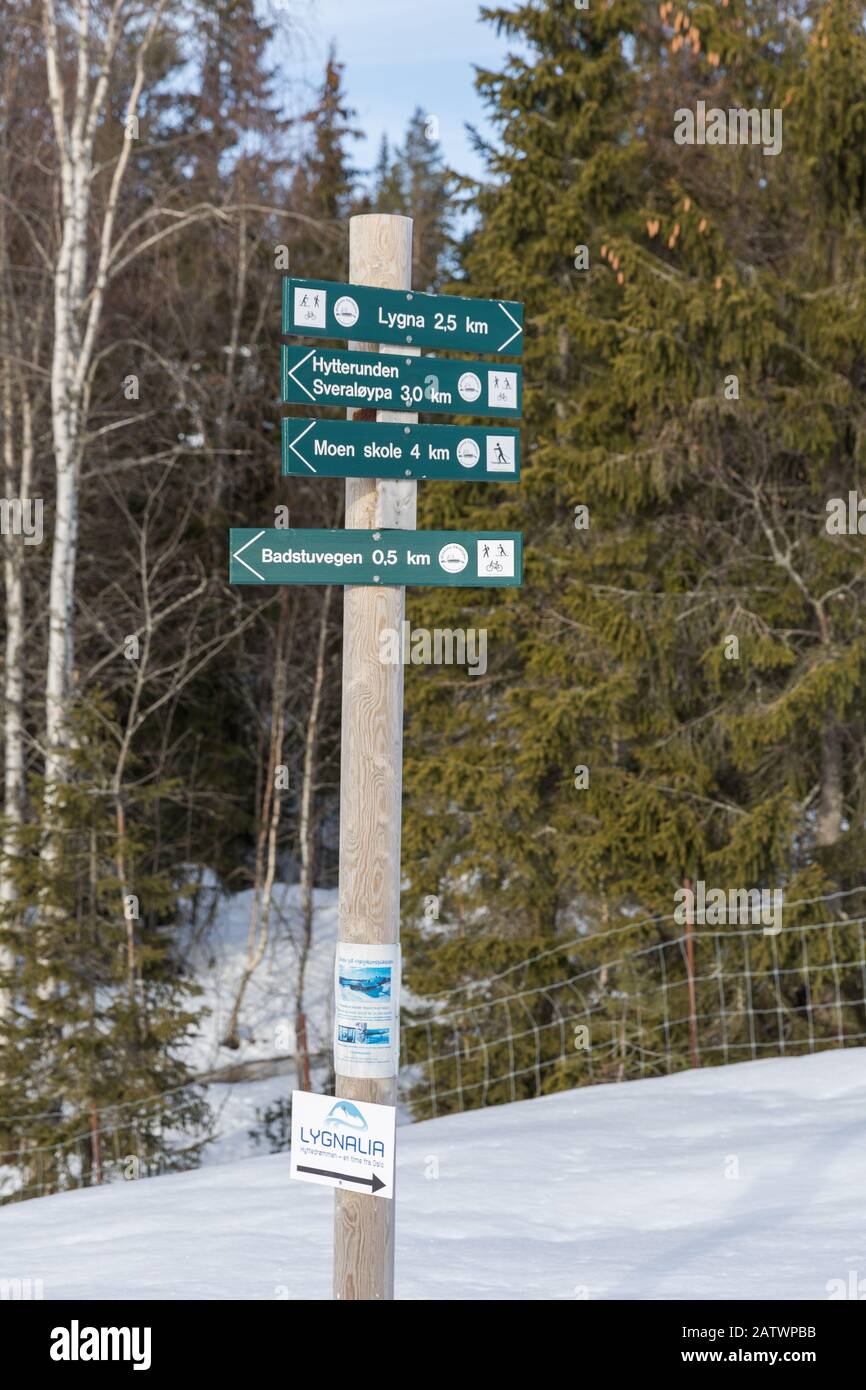 Signs for cross country ski tracks in Norway Stock Photo