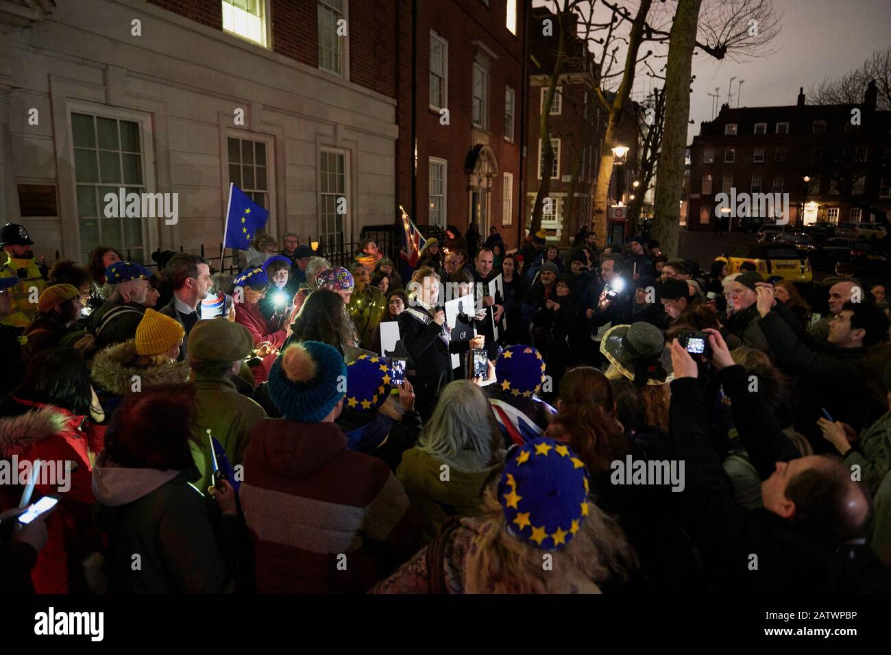 Anti-Brexit activists hold a candlelight vigil organised by civil rights group New Europeans outside Europe House, London Stock Photo