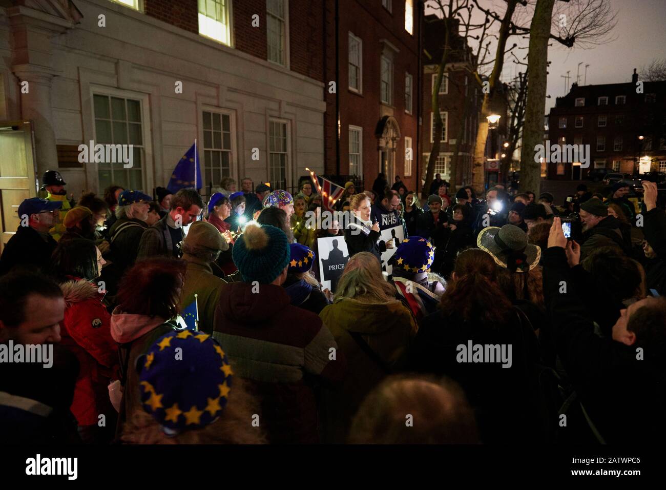 Anti-Brexit activists hold a candlelight vigil organised by civil rights group New Europeans outside Europe House, London Stock Photo