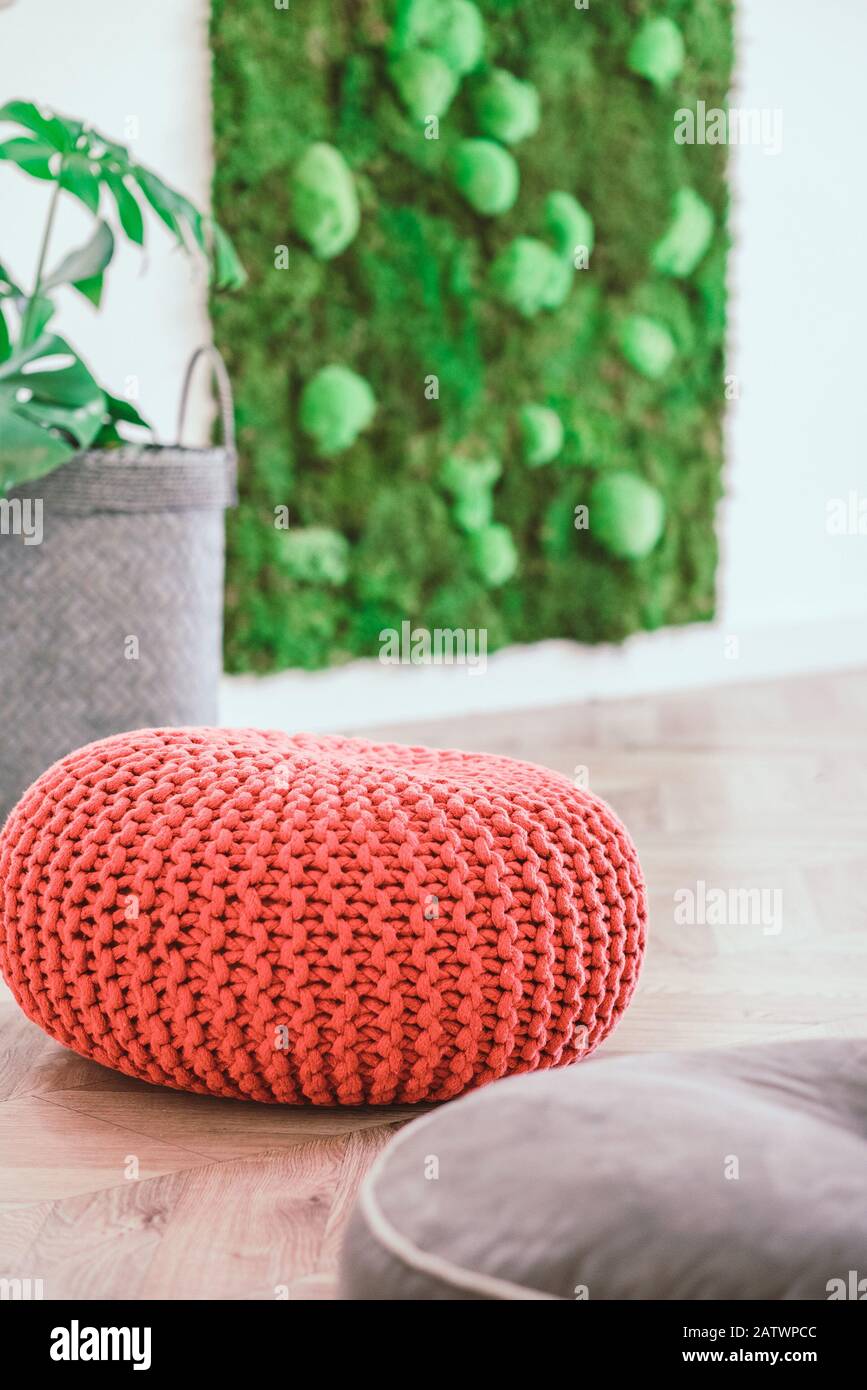 Botanical relaxing living room with green wall and bright knitted pouf  Stock Photo - Alamy