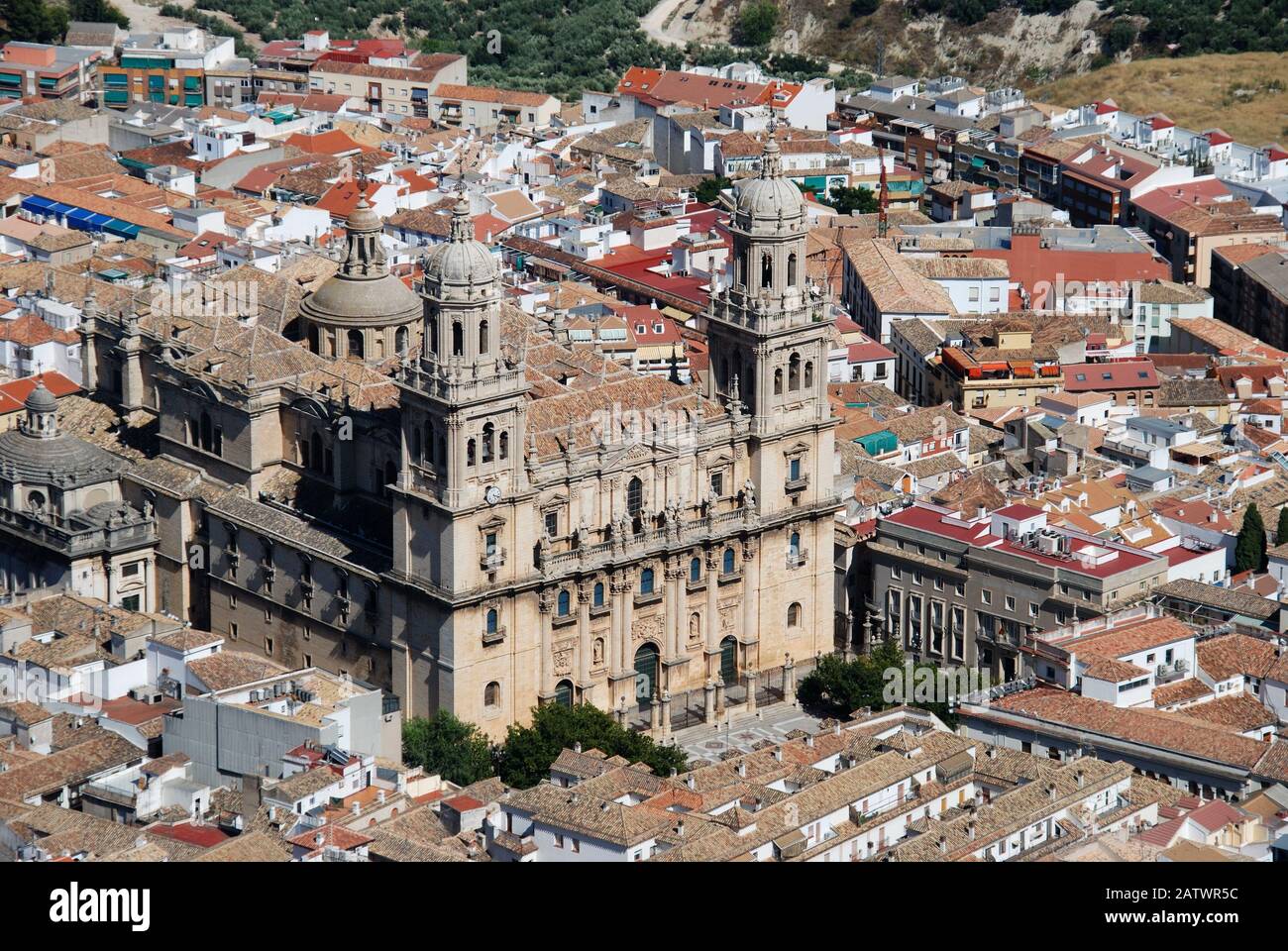 Elevated view of the Cathedral and city rooftops, Jaen, Jaen Province, Andalucia, Spain, Western Europe Stock Photo